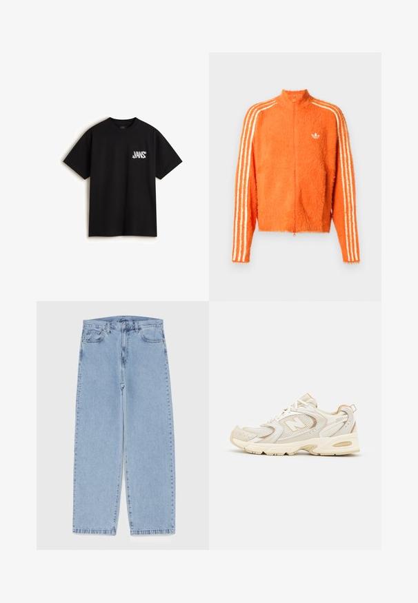 Chaqueta naranja suave con cremallera y cuello alto, con tres franjas blancas en cada manga y un pequeño logo blanco en el pecho.; Vans CHAOS - Camiseta estampada - black; Jean de mezclilla azul claro con diseño de pierna recta, con una cintura de altura media, cinco bolsillos y un cierre de botón y cremallera.; Zapatillas deportivas beige con superposiciones de malla y sintéticas, presentando una superficie texturizada, un collar acolchado y amortiguación "ABZORB" en el talón.
