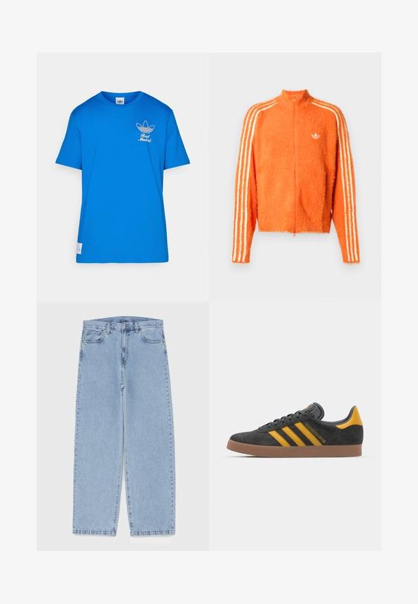 Casaco laranja felpudo com fecho zip, com gola alta, apresentando três riscas brancas em cada manga e um pequeno logo branco no peito.; T-shirt azul de algodão com mangas curtas, apresentando um gráfico branco do logótipo da Adidas e o texto "Real Madrid" na área do peito esquerdo.; Jeans de denim azul claro com design de perna reta, apresentando uma cintura de altura média, cinco bolsos e um fecho de botão e zíper.; Tenis em camurça preta com detalhes amarelos, apresentando três riscas e uma sola de borracha castanha. Inclui uma língua acolchoada para maior conforto.