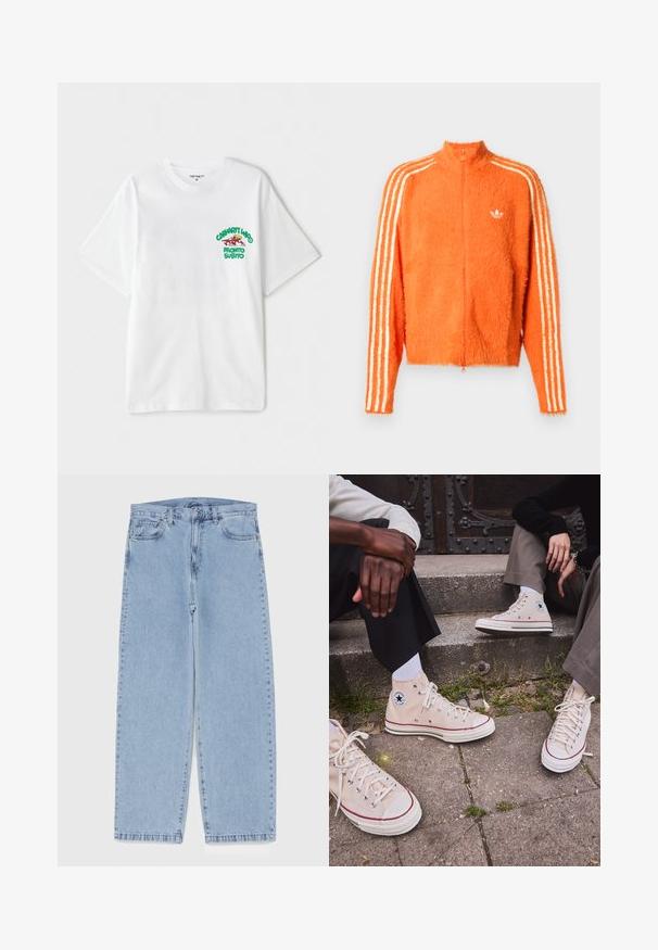 Orange fuzzy zip-up jacket with high collar, featuring three white stripes down each sleeve and a small white logo on the chest.; White cotton t-shirt featuring a green and red graphic text on the left chest reading "cashart Who Pronto Subito." Short sleeves.; Light blue denim jeans with straight leg design, featuring a mid-rise waist, five pockets, and a button and zipper closure.; High-top beige canvas sneakers with red stripe, white rubber sole, and metal eyelets, featuring iconic star logo on the side.