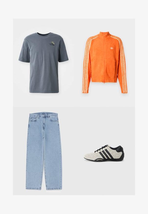 Orange fuzzy zip-up jacket with high collar, featuring three white stripes down each sleeve and a small white logo on the chest.; Gray short-sleeve t-shirt made of cotton, featuring a small embroidered logo and floral design on the left chest area.; Light blue denim jeans with straight leg design, featuring a mid-rise waist, five pockets, and a button and zipper closure.; Adidas sports shoe with a textured, light gray upper and black leather accents. Features black three-stripe logo and cushioned sole.