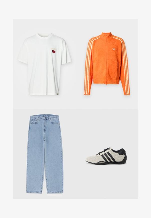 Orange fuzzy zip-up jacket with high collar, featuring three white stripes down each sleeve and a small white logo on the chest.; White cotton t-shirt with short sleeves, featuring a small embroidered logo in red and yellow near the left chest. Round neckline and relaxed fit.; Light blue denim jeans with straight leg design, featuring a mid-rise waist, five pockets, and a button and zipper closure.; Adidas sports shoe with a textured, light gray upper and black leather accents. Features black three-stripe logo and cushioned sole.