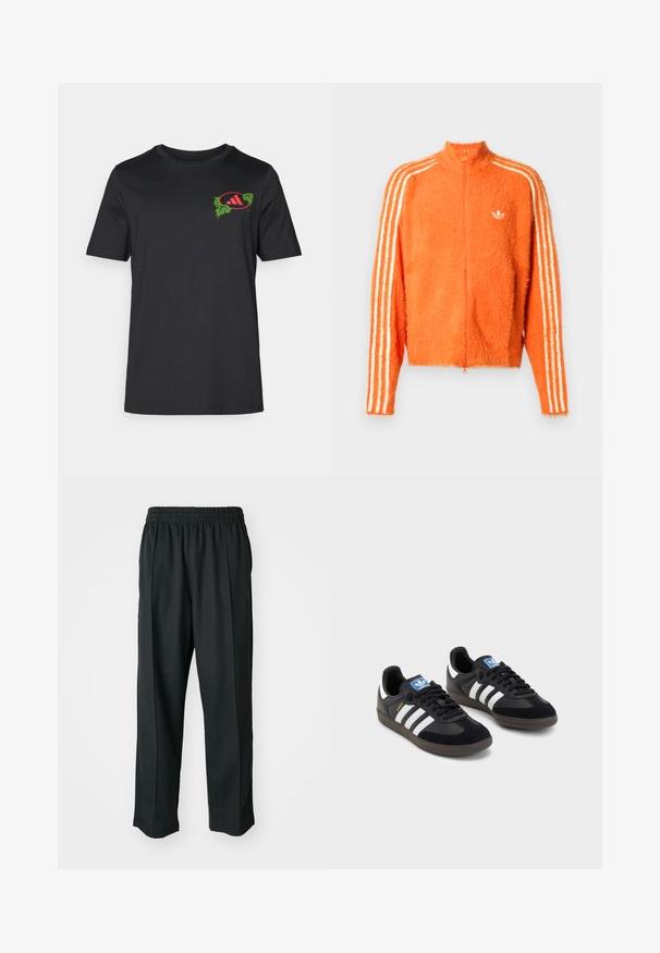 Casaco laranja felpudo com fecho zip, com gola alta, apresentando três riscas brancas em cada manga e um pequeno logo branco no peito.; Camiseta preta de algodão com gola redonda. Apresenta um design gráfico vibrante em verde e vermelho no lado esquerdo do peito, incorporando folhas de palmeira e o logótipo.; Calças atléticas pretas com um cós elástico, feitas de tecido suave, com costuras laterais discretas e um ajuste descontraído, design de perna reta.; Sneakers pretos com parte superior em camurça e sintético, apresentando três riscas brancas, sola de borracha texturizada e etiqueta azul no linguete.
