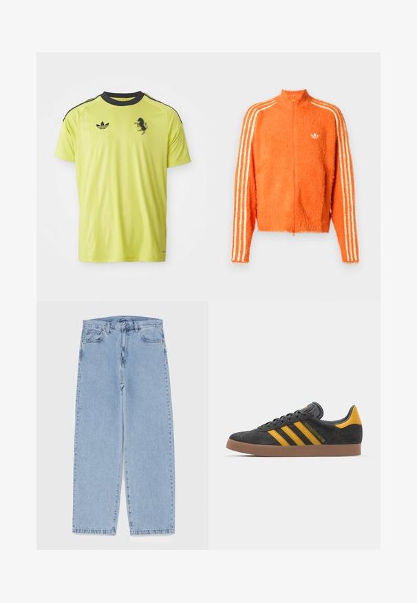 Oranžová chlupatá bunda na zip s vysokým límcem, která má tři bílé pruhy po každém rukávu a malé bílé logo na hrudi.; Jasně žluté sportovní tričko s černými akcenty, krátkými rukávy a kulatým výstřihem. Obsahuje logo Adidas a grafiku černého koně.; Světle modré džíny s rovnými nohavicemi, středním pasem, pěti kapsami a zapínáním na knoflík a zip.; Černé semišové tenisky se žlutými akcenty, vybavené třemi pruhy a hnědou gumovou podrážkou. Obsahují polstrovaný jazyk pro pohodlí.