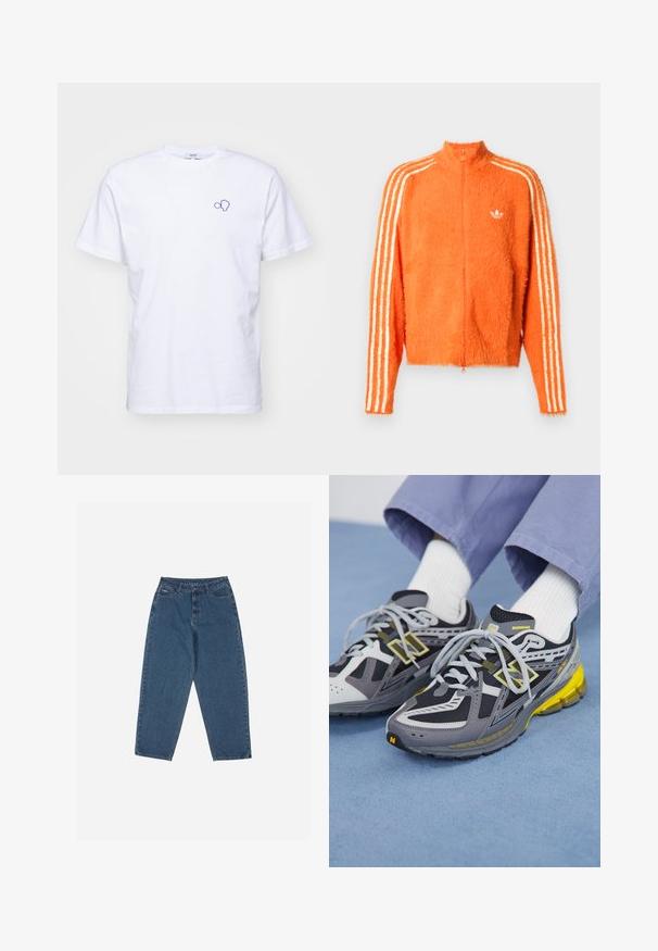 Orange fuzzy zip-up jacket with high collar, featuring three white stripes down each sleeve and a small white logo on the chest.; White cotton t-shirt featuring a blue embroidered design on the left chest. Short sleeves and a crew neckline with a standard fit.; Blue denim jeans with a relaxed fit, high waist, five-pocket design, and stitching accents. Features a button and zipper closure.; Gray and black running shoes feature mesh and synthetic material, with a thick sole highlighted by yellow accents and reflective details.