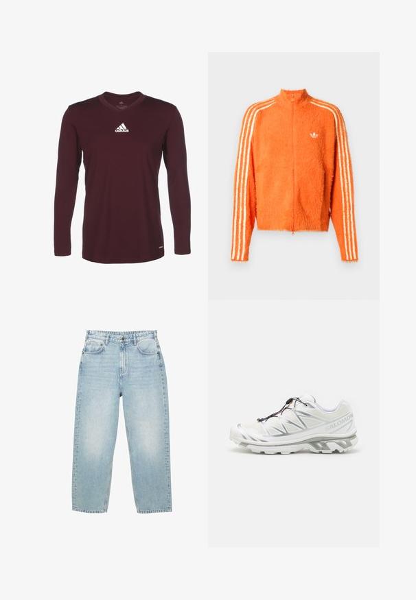 Orange fuzzy zip-up jacket with high collar, featuring three white stripes down each sleeve and a small white logo on the chest.; Maroon long-sleeve shirt with a v-neck design. Features the Adidas logo in white on the upper left chest. Smooth fabric texture.; Light blue high-waist denim jeans with a straight leg cut, front and back pockets, and a button closure with visible stitching.; White athletic shoe with a textured upper, reflective accents, and a grey sole. Features accentuated triangular patterns and a quick-lace system.