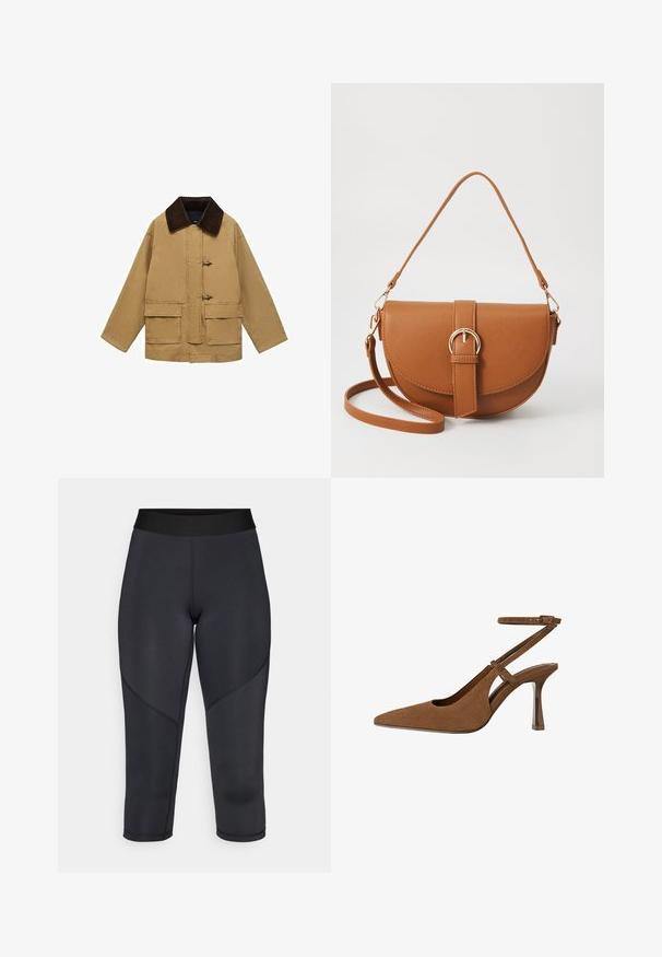 Pamučna jakna bež boje s smeškim kordura ovratnikom, dva prednja džepa i vezanjem na dugmad. Dizajn je slobodnog kroja i blago skraćen.; Bijela majica kratkih rukava od pamuka. Ima okrugli izrez i opušteni kroj. Glatka tekstura bez vidljivih uzoraka ili naglasaka.; Crne tajice do tri četvrtine, napravljene od rastezljivog materijala, s glatkom teksturom, visokim pojasom i zaobljenim šavovima.; Smeđi zamšasti sandal s visokom potpeticom, šiljatim prstom i tankim remenom oko gležnja, s prozirnom geometrijskom potpeticom.; Smeđa kožna torba preko tijela s zakrivljenim oblikom, zlatnim metalnim detaljima i naglaskom na kopču. Ima odvojivu naramenicu.