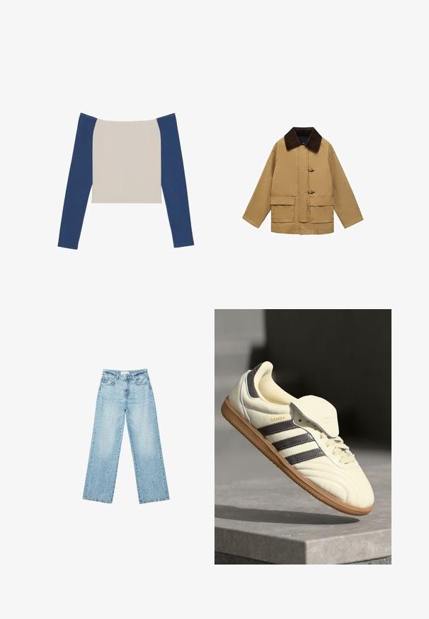 Pamučna jakna bež boje s smeškim kordura ovratnikom, dva prednja džepa i vezanjem na dugmad. Dizajn je slobodnog kroja i blago skraćen.; Dugih rukava s bijelim tijelom i tamnoplave rukave, s širokim izrezom i skraćenim dizajnom. Mekani, glatki teksturirani materijal.; Svijetloplave široke traperice s visokim strukom, s izbljeđenim pranjem i malim, raštrkanim oštećenjima na cijeloj površini.; Kremaste kožne tenisice s tri tamne pruge, smešnim gumiranim potplatom i zaobljenim vrhom. Imaju preklopni jezik označen s "SAMBA."