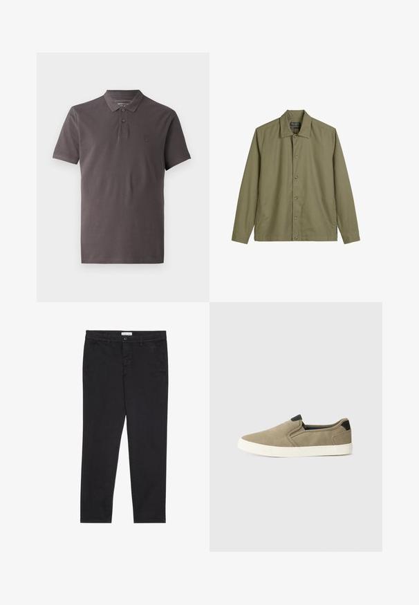 Oliven grøn skjortejakke lavet af bomuld, med klassisk krave, lange ærmer og sidelommer med diskrete syninger.; Polo skjorte i mørkegrå bomuld med krave, tre-knaps stolpe, korte ærmer og et diskret broderet logo på venstre bryst.; Sorte bomuldsbukser med slim fit, der har to sidelommer og en knappelukning foran. Tekstureret stof med subtil detaljer.; Taupe slip-on sko med en tekstureret stofoverdel, kontrastfarvet sort hælaccent og hvid gummisål. Perforeret design for åndbarhed.