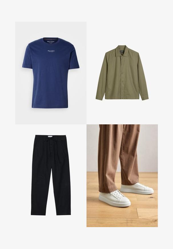 Oliven grøn skjortejakke lavet af bomuld, med klassisk krave, lange ærmer og sidelommer med diskrete syninger.; Mørkeblå bomulds T-shirt med korte ærmer, rund udskæring og lille hvidt logo på brystet. Glat tekstur og afslappet pasform.; Pier One Chino - black; Person der bærer hvide teksturerede lavtop sneakers og løse brune bukser, stående på lys træbetræk.