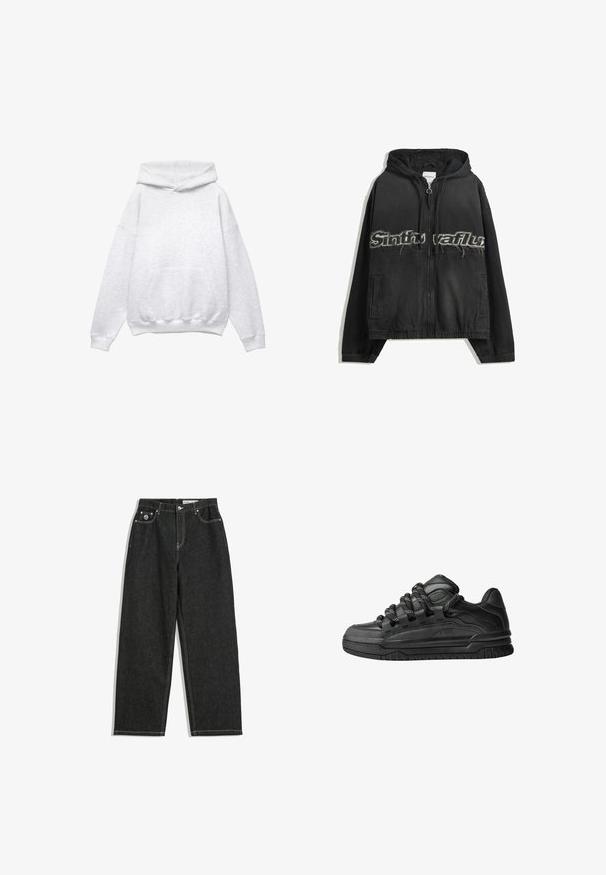 Musta vetoketjuhuppari, jossa on huppu, etupuolella kuluneet kirjainpainatukset, sivutaskut sekä joustava resori hihansuissa ja helmassa.; Harmaa hupullinen collegepaita, valmistettu pehmeästä puuvillasekoitteesta. Sisältää etutaskun, resorit hihoissa ja helman kohdalla. Rentoa mitoitusta, ilman kuvioita tai korostuksia.; Mustat suorat farkut valkoisella ompelella, viisi taskua, nappi- ja vetoketjukiinnitys sekä pieni logo etu-oikeassa taskussa.; Mustat tennarit, joissa on sileä nahkapinta, teksturoituja yksityiskohtia ja pyöreät musta-valkoiset nauhat. Paksu kumipohja, jossa on kuvioitu pinta.