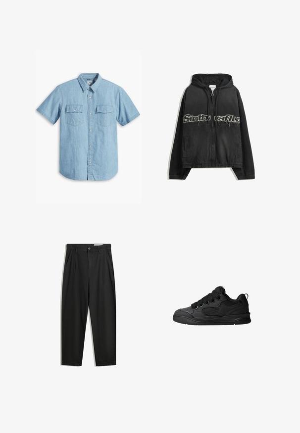Crna kapuljača s patentnim zatvaračem, s ispucanim natpisom sprijeda, bočnim džepovima i elastičnim rubovima na rukavima i donjem rubu.; Svijetloplava kratka majica s dugim rukavima od denima, s dva džepa na prsima s vertikalnim šavovima i klasičnom kragnom.; Crne pamučne hlače s opuštenim krojem, s klasičnim pojasom, prednjim nabranjima i bočnim džepovima. Glatka tekstura bez uzoraka.; Crne tenisice s teksturiranim gornjim dijelom, sa vezicama, mrežastim detaljima za prozračnost, podstavljenim ovratnikom i čvrstim potplatima.