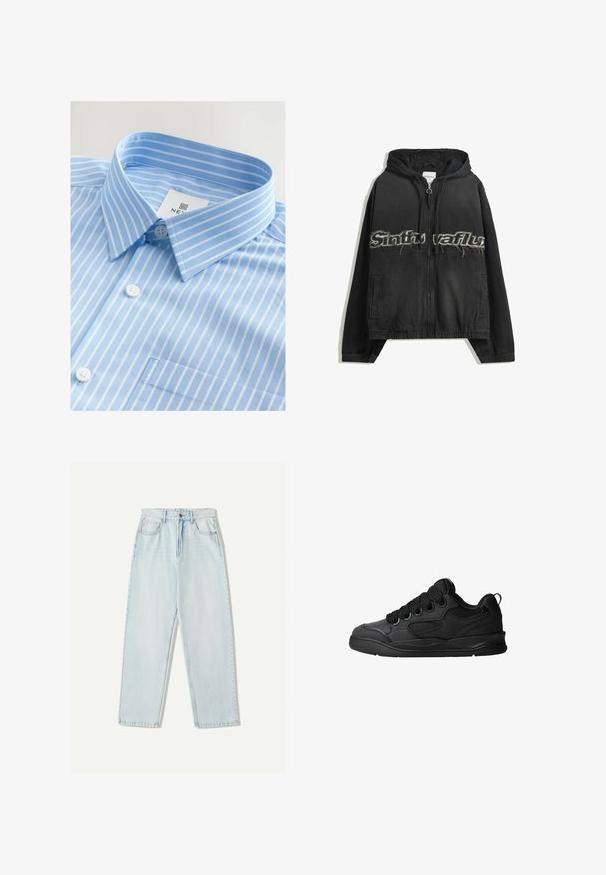 Schwarze Zip-Hoodie mit Kapuze, mit abgenutzten Buchstaben auf der Vorderseite, seitlichen Taschen und elastischen Bündchen an den Ärmeln und am Saum.; Hellblaues Hemd mit weißen vertikalen Streifen, Knopfleiste, spitzem Kragen und einer Brusttasche. Der Stoff wirkt glatt.; Helle blaue Denim-Jeans mit lässiger Passform, geradem Beindesign, Fünf-Taschen-Stil und dezentem Verblassen des Stoffes.; Schwarze Sneaker mit strukturiertem Obermaterial, ausgestattet mit Schnürsenkeln, Mesh-Akzenten für Atmungsaktivität, gepolstertem Kragen und einer stabilen Laufsohle.