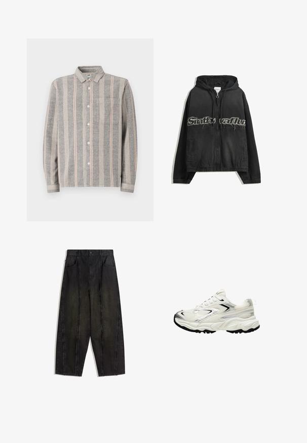 Čierna mikina na zips s kapucňou, so zničeným nápisom na prednej strane, bočnými vreckami a elastickými manžetami a lemom.; Sivá košeľa s dlhým rukávom a zapínaním na gombíky, s vertikálnymi pruhmi v svetlosivej a ružovej farbe. Obsahuje náprsné vrecko a má mäkkú textúru.; Čierne nohavice s širokými nohavicami z denimu, viditeľné švy a rozstrapkané okraje, so zapracovanými prednými vreckami a vysokým pásom.; Biele tenisky s hornou časťou z mriežky, striebornými detailmi, čiernou podrážkou a textúrovanými panelmi. Majú šnurovací dizajn a zaoblený tvar špičky.