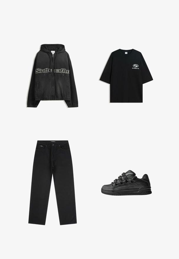 Crna kapuljača s patentnim zatvaračem, s ispucanim natpisom sprijeda, bočnim džepovima i elastičnim rubovima na rukavima i donjem rubu.; Crna oversized pamukasta majica s okruglim izrezom i kratkim rukavima, s bijelim logotipom "Shibuya" otisnutim na prednjoj strani.; Crne traperice ravnog kroja s prednjim gumbom i patent-zatvaračem, petljama za remen i dizajnom s pet džepova, položene ravno na bijeloj pozadini.; Crne tenisice s glatkom kožnom gornjom površinom, teksturiranim detaljima i okruglim crnim i bijelim vezicama. Debeli gumeni potplat s uzorkom.
