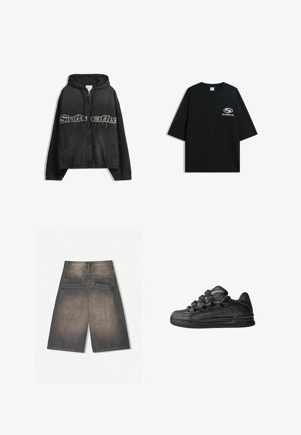 Czarna bluza z kapturem na zamek błyskawiczny, z podnisionymi literami z przodu, bocznymi kieszeniami oraz elastycznymi mankietami i dolnym końcem.; Czarna, oversize bawełniana koszulka z okrągłym dekoltem i krótkimi rękawami, z białym logo "Shibuya" nadrukowanym na przodzie.; Ciemnoszare szorty dżinsowe z wyblakłym wykończeniem, z dwoma tylnymi kieszeniami i prostymi, szerokimi nogawkami. Bez widocznych elementów metalowych ani ozdób.; Czarne sneakersy z gładką skórzaną cholewką, teksturowanymi akcentami i okrągłymi czarno-białymi sznurowadłami. Gruba gumowa podeszwa z wzorzystym bieżnikiem.