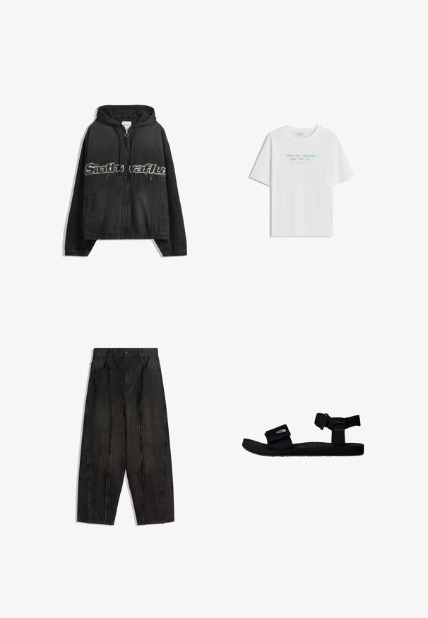 Černá mikina s kapucí na zip, obsahující opotřebované nápisy na přední straně, boční kapsy a elastické lemy na manžetách a spodním okraji.; Bílý bavlněný tričko s volným střihem, kulatým výstřihem a světle zeleným textem: „ČERSTVÝ VZDUCH, PLAYLIST, VOLNÝ ČAS, atd..." na přední straně.; Černé široké džíny s viditelnými švy a ztrhanými okraji, se dvěma předními kapsami a vysokým pasem.; Černé sandály s nastavitelnými textilními pásky, strukturovanou gumovou podrážkou a logem. Navrženy pro pohodlí a venkovní použití.