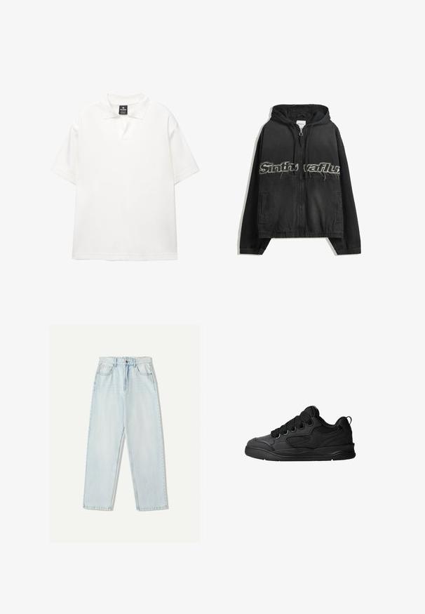 Czarna bluza z kapturem na zamek błyskawiczny, z podnisionymi literami z przodu, bocznymi kieszeniami oraz elastycznymi mankietami i dolnym końcem.; Biała koszulka polo z krótkim rękawem, wykonana z gładkiego materiału, z klasycznym kołnierzykiem, posiadająca półguzik i luźny krój.; Jasnoniebieskie dżinsy o luźnym kroju, prostych nogawkach, pięcioma kieszeniami oraz delikatnym wyblaknięciem materiału.; Czarne sneakersy z teksturowaną cholewką, z sznurowadłami, siateczkowymi akcentami dla lepszej wentylacji, wyściełanym kołnierzem oraz solidną podeszwą.