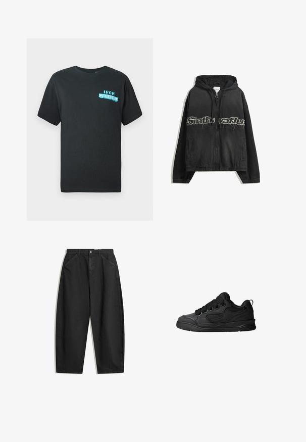 Črna zip-up kapuca s kapuco, s obrabljenim tiskom spredaj, stranskimi žepi in elastičnimi manšeti ter robom.; Črna bombažna majica s kratkimi rokavi, ki vsebuje modro grafiko z napisom "IRON MAIDEN" v stiliziranih črkah spredaj.; Črne široke hlače iz bombaža, ki imajo visok pas, sprednje žepke in diskretne šive. Gladka tekstura brez vzorcev.; Črne superge z teksturiranim zgornjim delom, opremljene z vezalkami, mrežastimi dodatki za zračnost, oblazinjenim ovratnikom in trdnim podplatom.