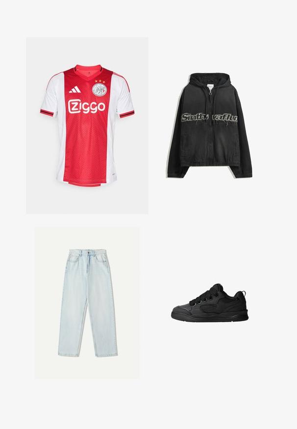 Felpa nera con zip e cappuccio, caratterizzata da lettere usurate sul davanti, tasche laterali ed elastici ai polsini e all'orlo.; Maglia da calcio rossa e bianca con colletto a V, dettagli a zigzag e tre stelle sopra un logo circolare e il marchio "Ziggo".; Jeans in denim azzurro chiaro con una vestibilità comoda, design a gamba dritta, stile a cinque tasche e leggere sfumature sul tessuto.; Sneakers neri con una tomaia testurizzata, dotati di lacci, accenti in mesh per la traspirabilità, colletto imbottito e suola robusta.