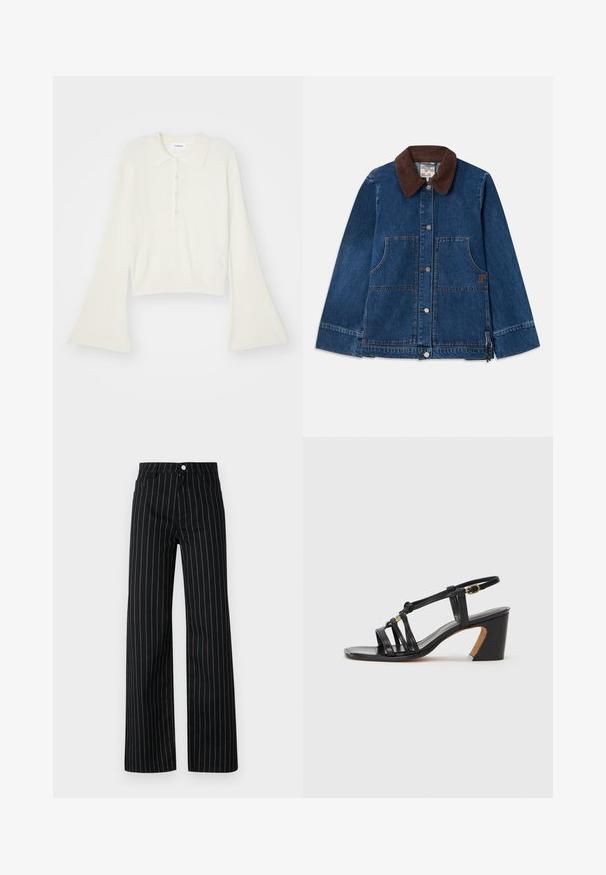 Farmerdzseki sötétbarna kordbársony gallérral, elülső snap gombokkal, két elülső zsebel és egy diszkrét logó tapasszal az oldalon.; Csíkozott, krém színű pólóing hosszú, bővülő ujjakkal és öt gombos nyakkivágással. Puha tapintású gallérral rendelkezik.; Fekete, széles szárú nadrág, függőleges kék csíkozással, klasszikus öt zsebes kialakítással és elöl gombos záródással.; Paul Smith AMIRA - Klasszikus sarkú cipők - black