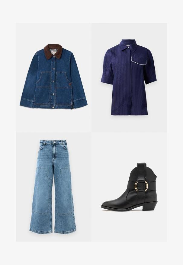 Jaqueta de ganga com gola de veludo cotelê castanho escuro, botões de pressão na frente, dois bolsos frontais de remendo e um discreto emblema na lateral.; Camisa azul marinho de mangas curtas com um padrão texturizado, design com colarinho e um bolso branco com pipas do lado esquerdo. Tecido leve.; Jeans de ganga de perna larga em azul claro com cintura alta, grandes bolsos frontais e costura visível. Apresenta um design clássico de cinco bolsos.; Bota de tornozelo em couro preto com bico pontiagudo, apresentando uma fivela larga com um detalhe em anel dourado e um salto baixo e afunilado. Textura lisa.