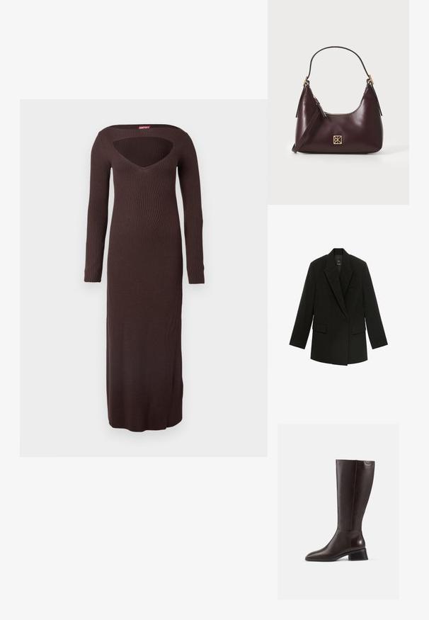 Černý blazer s klopovým límcem, zapínáním na jeden knoflík a dvěma předními kapsami. Má strukturovaná ramena a mírně oversized střih.; Dlouhé hnědé žebrované pletené šaty s hlubokým výstřihem do V a otevřenými zády. Mají dlouhé rukávy a podlahovou délku, zdůrazňující přiléhavý střih.; Hnědé kožené boty po kolena s hladkým povrchem, kulatou špičkou a černým podpatkem. Jednoduchý design s minimem kovových detailů.; Burgundské kožené kabelka s zakřiveným tvarem, zlaté detaily na kovových prvcích a zipovým uzávěrem. Obsahuje odnímatelný ramenní popruh.