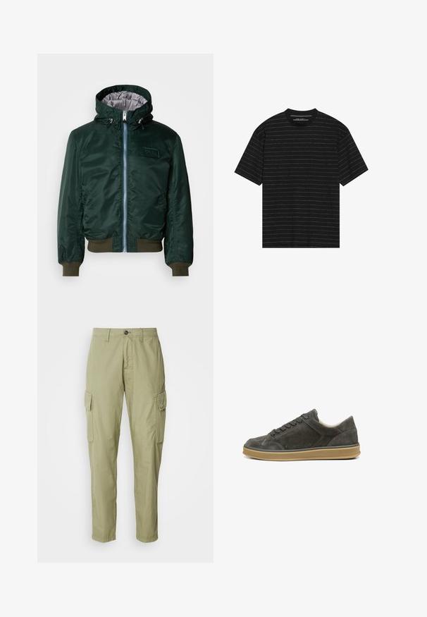 Donkergroene bomberjack met capuchon, zilveren binnenvoering, rits aan de voorkant, geribde manchetten en zoom, en logo-opdruk op de borst.; Zwarte t-shirt met korte mouwen en smalle witte horizontale strepen. Gemaakt van zachte stof met een ronde hals en een relaxte pasvorm.; Cargo broek in licht olijfgroen, gemaakt van een gestructureerde stof, met twee zijzakken en een rechte pijpontwerp met een knoopsluiting.; Donkergrijze suède sneaker met ronde neus, veters aan de voorkant en een contrasterende lichtbruine rubberen zool. Heeft minimale naden en een gladde textuur.
