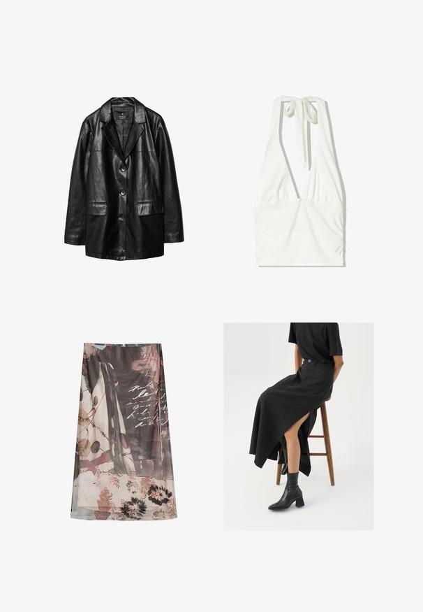 Schwarze Lederblazer mit Reverskragen, einreihiger Knopfverschluss, zwei vordere Taschen und glatter, glänzender Oberfläche.; Weißes Halftertop mit tiefem V-Ausschnitt, gerafftem Vorderteil und verstellbarem Band am Hals. Hergestellt aus weichem, strukturiertem Stoff.; Durchsichtiger Schal mit einem floralen und abstrakten Muster in gedeckten Tönen von Rosa, Grün und Braun sowie handgeschriebenen Textergänzungen.; Schwarzer Leinen-Maxi-Rock mit hohem Schlitz, getragen mit einem schwarzen T-Shirt und schwarzen Knöchelstiefeln. Minimalistisches Design mit lockerer Passform.