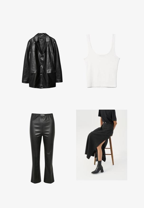 Sort læderjakke med krave, enknaps lukning, to forlommer og en glat, skinnende overflade.; Hvid bomulds tanktop med en rundet halsudskæring, uden ærmer og en tætsiddende pasform. Glat tekstur, ensartet design og minimale syninger.; Sorte faux læderbukser med en glat tekstur, elastisk talje og vide ben, der har lodrette sømdetaljer.; Sort linned maxi-nederdel med en høj slids, båret med en sort t-shirt og sorte ankelstøvler. Minimalistisk design med en afslappet pasform.