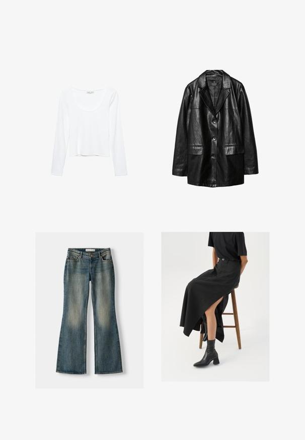 Černá kožená blazer s klopovým límcem, jednobarevným zapínáním na knoflíky, dvěma předními kapsami a hladkou, lesklou texturou.; Bílý dlouhý rukáv top vyrobený z měkké tkaniny, s kulatým výstřihem a zkráceným designem bez švů.; Modré zvonové džíny se zesvětleným práním, pěti kapsami a zapínáním na knoflík. Materiál vykazuje denimovou strukturu s jemnými detaily šití.; Černá maxi sukně z lnu s vysokým rozparkem, nošená s černým tričkem a černými kotníkovými botami. Minimalistický design s volným střihem.
