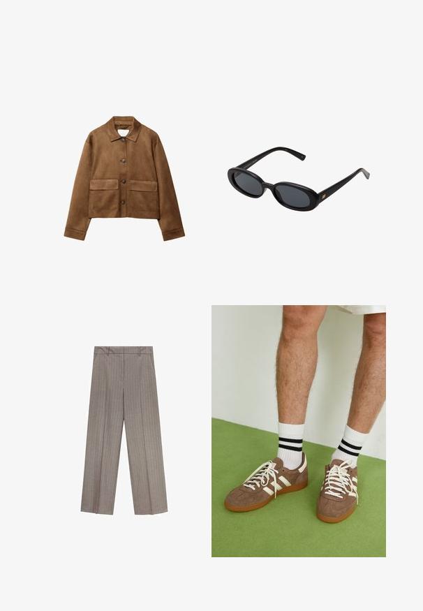 Brown suede jacket with a collared neckline, front button closure, and two large pockets. Textured finish and cropped design.; White long-sleeve shirt with a collar, button front, two chest pockets, straight hem, and slightly flared sleeves made from smooth fabric.; Light brown wide-leg trousers with vertical pinstripes, featuring a smooth texture and flat front waistband for a streamlined fit.; Brown suede sneakers with white accents and laces. Rubber gum sole. Worn with white socks featuring black stripes. Green textured flooring.; Black oversized sunglasses with oval lenses, smooth plastic frame, and gold accents on temple. Dark lenses provide sun protection.