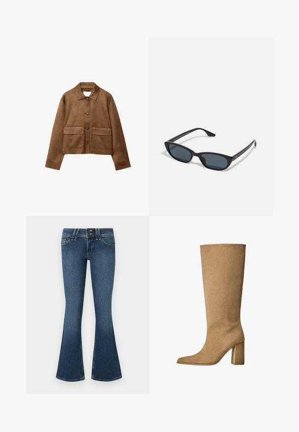 Hnedá semišová bunda s golierom, predným zapínaním na gombíky a dvoma veľkými vreckami. Štruktúrovaný povrch a skrátený strih.; Svetlo modrá košeľa s dlhým rukávom, s golierom na gombíky, jednou náprsné vrecko a voľným strihom. Hladká textúra látky a klasický dizajn.; Modré džínsové vyšívané nohavice s vysokým pásom, so zapínaním na dva gombíky, piatimi vreckami a kontrastným prešívaním pozdĺž švov.; Hnedé semišové čižmy po kolená s blokovým podpätkom, so špicatou špičkou a hladkou textúrou. Minimalistický dizajn bez ozdôb.; Čierne mačacie slnečné okuliare s tmavými sklami, plastovým rámom, štíhlymi spolkami a jemným brandingom na vnútornej strane ramena. Matná povrchová úprava.