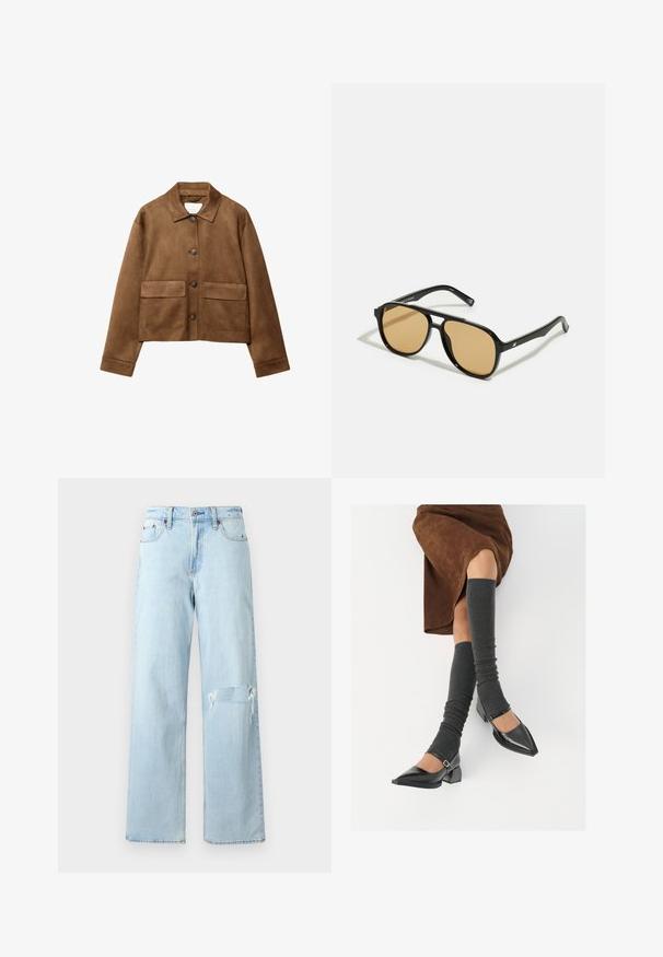 Braune Wildlederjacke mit Kragen, vorderem Knopfverschluss und zwei großen Taschen. Texturierte Oberfläche und cropped Design.; Hellblaues Langarmhemd mit button-down Kragen, einer Brusttasche und einem lockeren Schnitt. Glatte Stoffstruktur und klassisches Design.; Helle blaue Denim-Jeans im weiten Schnitt, mit einem distressed Knie und klassischem Fünf-Taschen-Design. Glatte Textur, lässiger Stil.; Schwarze lacklederne spitze Schuhe mit Blockabsatz und Knöchelriemen, kombiniert mit grauen gerippten Beinstulpen und einem braunen Wildlederrock.; Schwarze Sonnenbrille mit braun getönten Gläsern; rechteckige Form mit einem dicken Rahmen, einschließlich subtiler Hardware-Akzente an den Bügeln.; Braune Lederhandtasche mit zwei stabilen Griffen, rechteckiger Form, glatter Oberfläche und Reißverschluss. Minimalistisches Design ohne sichtbare Muster.