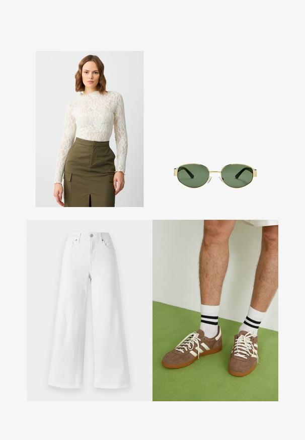 Braune Wildlederjacke mit Kragen, vorderem Knopfverschluss und zwei großen Taschen. Texturierte Oberfläche und cropped Design.; Spitzenoberteil mit langen Ärmeln in Off-White mit Blumenmuster, kombiniert mit einem olivgrünen, hoch taillierten Rock mit einem Schlitz vorne und Seitentaschen.; Weiße, weite Jeans aus Denim mit hoher Taille, vier Taschen und rawem Saum am unteren Ende für eine textile Struktur.; Braune Wildleder-Sneaker mit weißen Akzenten und Schnürsenkeln. Gummisohle in Kautschuk-Optik. Getragen mit weißen Socken, die schwarze Streifen haben. Grüner strukturierter Fußboden.; Sonnenbrille mit goldfarbenem Metallrahmen, grünen getönten Gläsern, ovaler Form, schwarzen Bügeln und klaren Nasenpads. Sauberes, minimalistisches Design.