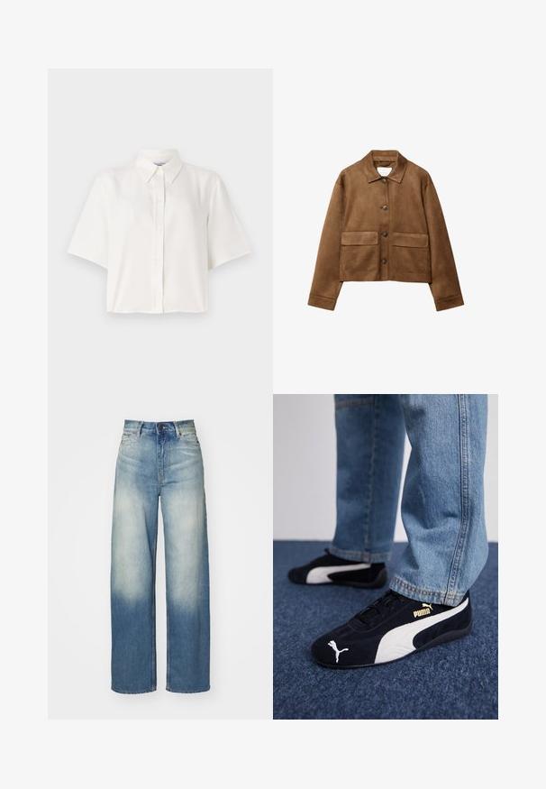 Brahno zamšast plašč z ovratnikom, sprednjim zapiranjem na gumb in dvema velikima žepoma. Teksturna površina in skrajšana zasnova.; Bela kratka srajca z ovratnikom, gumbi spredaj in sproščenim krojem. Material se zdi gladek in lahkoten.; Svijetloplavi široki traperice s visokim strukom, izrađene od denima, s izbljeđenim gradijentom, pet džepova i metalnim akcentima.; Črne nobučne superge z belimi detajli, ki imajo zlati logotip. Ujemajo se z svetlo modrimi kavbojkami in so postavljene na teksturirano modro površino.