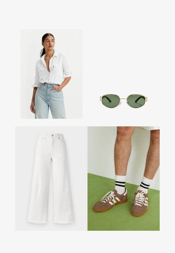 Braune Wildlederjacke mit Kragen, vorderem Knopfverschluss und zwei großen Taschen. Texturierte Oberfläche und cropped Design.; Weißes Hemd mit Knopfleiste, zwei Brusttaschen, aufgekrempelten Ärmeln und lässiger Passform, kombiniert mit hellblauen, hochgeschnittenen Jeans und minimalem Zubehör.; Weiße, weite Jeans aus Denim mit hoher Taille, vier Taschen und rawem Saum am unteren Ende für eine textile Struktur.; Braune Wildleder-Sneaker mit weißen Akzenten und Schnürsenkeln. Gummisohle in Kautschuk-Optik. Getragen mit weißen Socken, die schwarze Streifen haben. Grüner strukturierter Fußboden.; Sonnenbrille mit goldfarbenem Metallrahmen, grünen getönten Gläsern, ovaler Form, schwarzen Bügeln und klaren Nasenpads. Sauberes, minimalistisches Design.
