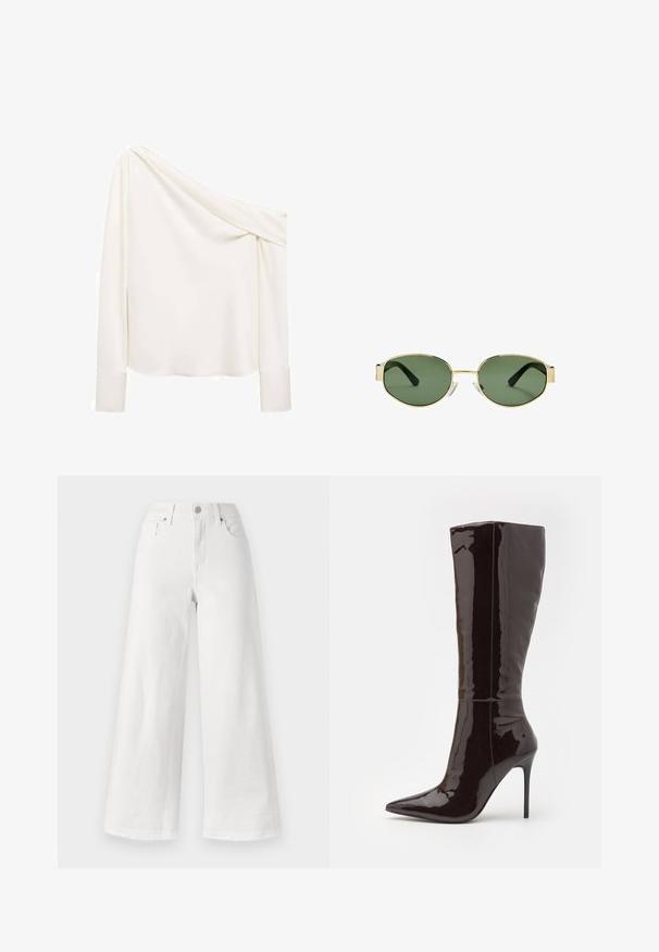 Giacca in suede marrone con colletto, chiusura frontale a bottoni e due grandi tasche. Finitura testurizzata e design cropped.; Top off-shoulder a maniche lunghe in morbido tessuto bianco. Caratterizzato da un design drappeggiato e maniche con polsini, texture liscia e leggero lucido.; Jeans bianchi a gamba larga in denim, con vita alta, design a quattro tasche e orlo grezzo in fondo per una texture interessante.; Even&Odd Stivali con i tacchi - dark brown; Occhiali da sole con montatura dorata e lenti verdi, forma ovale, stanghette nere e naselli trasparenti. Design pulito e minimalista.