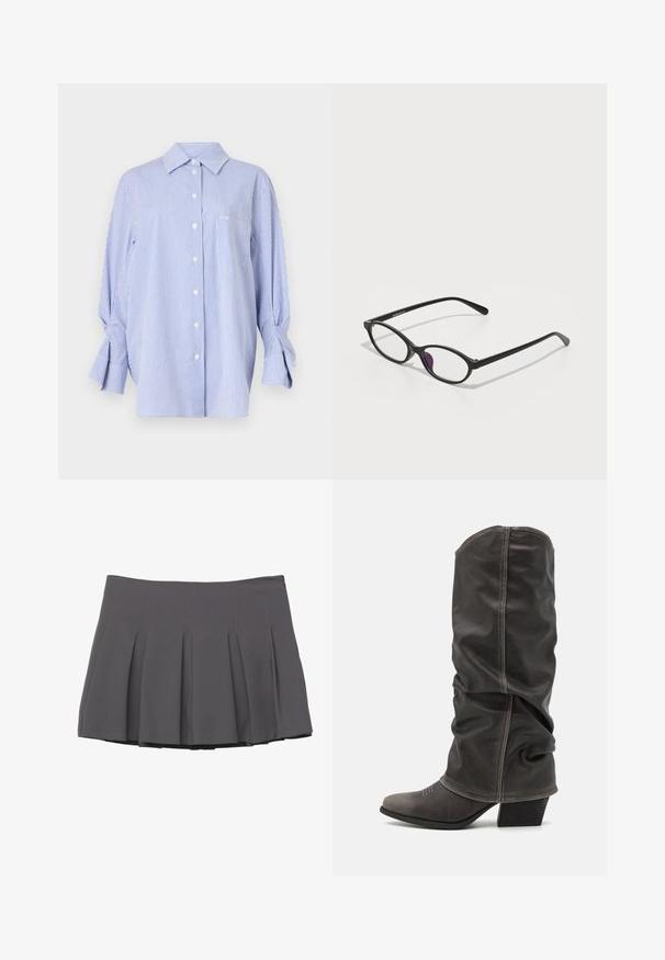 Brown suede jacket with a collared neckline, front button closure, and two large pockets. Textured finish and cropped design.; Blue and white striped button-up shirt with a relaxed fit, featuring a pointed collar, long sleeves with tie accents, and a chest pocket.; Gray pleated skirt with a smooth texture, featuring stitched detailing and a fitted waistband, finishing at mid-thigh length.; Gray leather calf-high boots with a slouchy design, pointed toe, and stacked heel. Notable stitching detail on the toe area.; Black plastic eyeglasses with an oval shape, featuring clear lenses and one purple accent on the left lens. Sleek, minimal design.