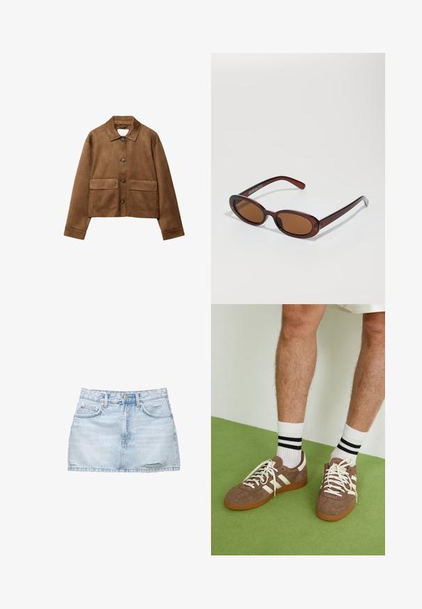 Smeđa zimska jakna od suèdea s ovratnikom, prednjim zatvaranjem na gumbi i dva velika džepa. Ima teksturiranu završnu obradu i skraćeni dizajn.; Dugi rukav s majicom od boje krem, s blagim nabráním sa strane i klasičnim ovratnikom. Glatka tekstura, jednostavan dizajn.; Svijetloplavi traper mini suknja s razdrapanim rubom, dvije prednje džepove i jednim kopčanjem na dugme. Ima blago trošenje za izlizani izgled.; Smeđe nubuk tenisice s bijelim detaljima i vezicama. Gumeni potplat. Nosene s bijelim čarapama s crnim prugama. Zeleno teksturirano pod.; Okvir okruglih, smeđkastih sunčanih naočala s sjajnim burgundskim okvirom. Uski nositelji s suptilnim brendiranjem. Ravna leća.
