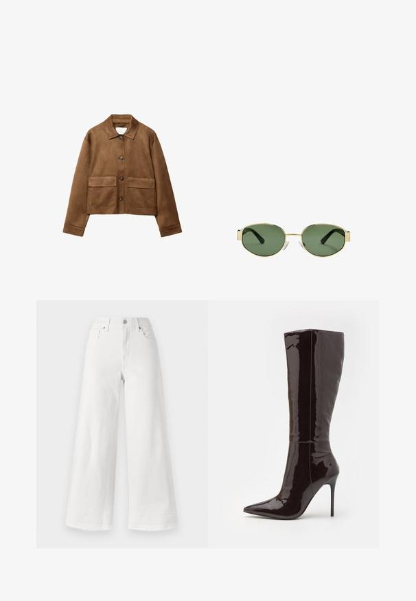 Brahno zamšast plašč z ovratnikom, sprednjim zapiranjem na gumb in dvema velikima žepoma. Teksturna površina in skrajšana zasnova.; Dolgimi rokavi v kremni barvi, z rahlim nabiranjem ob straneh in klasičnim ovratnikom. Gladka tekstura, preprost dizajn.; Bele široke kavbojke iz denima, z visokim pasom, štirimi žepi in surovim robom na dnu za teksturo.; Even&Odd Škornji z visoko peto - dark brown; Očala z zlatim kovinskim okvirjem, zelenimi lečami, ovalne oblike, črnimi uhani in prozornimi nosnimi blazinicami. Čist, minimalističen dizajn.