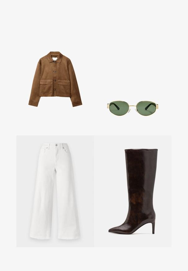 Brahno zamšast plašč z ovratnikom, sprednjim zapiranjem na gumb in dvema velikima žepoma. Teksturna površina in skrajšana zasnova.; Dolgimi rokavi v kremni barvi, z rahlim nabiranjem ob straneh in klasičnim ovratnikom. Gladka tekstura, preprost dizajn.; Bele široke kavbojke iz denima, z visokim pasom, štirimi žepi in surovim robom na dnu za teksturo.; Call it Spring RHODDE - Škornji z visoko peto - medium brown; Očala z zlatim kovinskim okvirjem, zelenimi lečami, ovalne oblike, črnimi uhani in prozornimi nosnimi blazinicami. Čist, minimalističen dizajn.