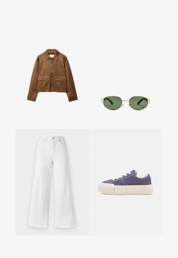 Hnedá semišová bunda s golierom, predným zapínaním na gombíky a dvoma veľkými vreckami. Štruktúrovaný povrch a skrátený strih.; Dlhý rukáv top z krémového materiálu, so slabým zberom na bokoch a klasickým golierom. Hladká textura, jednoduchý dizajn.; Biele široké džínsy z denimu, s vysokým pásom, štyrmi vreckami a surovým lemom na spodnej časti pre textúru.; Fialové semišové tenisky s bielymi šnúrkami, masívnou krémovou podrážkou a kontrastným prešívaním. Majú nízky strih a zaoblenú špičku.; Slnko zlatohnedých kovových rámových okuliarov s zelenými tónovanými sklami, oválnym tvarom, čiernymi stranami a priehľadnými nosnými podložkami. Čistý, minimalistický dizajn.