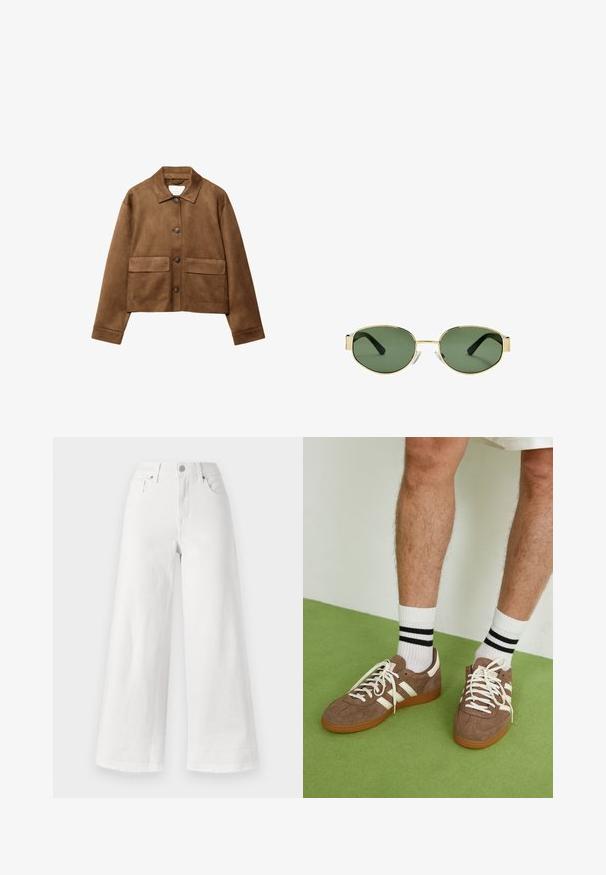 Hnědá nubuková bunda s límcem, předním zapínáním na knoflíky a dvěma velkými kapsami. Texturovaný povrch a zkrácený střih.; Halenka s dlouhým rukávem v krémové barvě, s mírným řasením po stranách a klasickým límcem. Hladká textura, jednoduchý design.; Bílé široké džíny z denimu, s vysokým pasem, čtyřmi kapsami a neopracovaným lemem na spodním okraji pro texturu.; Hnědé semišové tenisky s bílými akcenty a tkaničkami. Gumová podrážka. Nošeny s bílými ponožkami s černými pruhy. Zelená strukturovaná podlaha.; Sluneční brýle s metalickým zlatým rámem, zelenými skly, oválného tvaru, s černými stranicemi a průhlednými nosními podložkami. Čistý, minimalistický design.