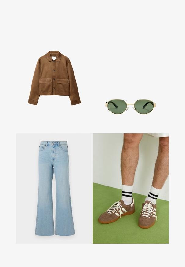 Brun ruskindjakke med kravesnit, tæt for-udknapning og to store lommer. Tekstureret finish og cropped design.; Langærmet top i cremet stof med let samling i siderne og klassisk krave. Glat tekstur, enkelt design.; Lysblå denimflared jeans med høj talje, featuring en klassisk knap- og lynlås-lukning, samt let slidser i stoffet.; Brune ruskind sneakers med hvide detaljer og snørebånd. Gummisål i naturgummi. Båret med hvide sokker med sorte striber. Grøn struktureret gulv.; Solfarvede solbriller med guldmetalramme, grønne linser, oval form, sorte stænger og klare næsepuder. Rent, minimalistisk design.