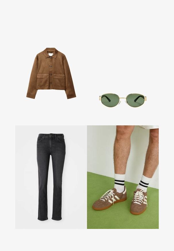 Brahno zamšast plašč z ovratnikom, sprednjim zapiranjem na gumb in dvema velikima žepoma. Teksturna površina in skrajšana zasnova.; Dolgimi rokavi v kremni barvi, z rahlim nabiranjem ob straneh in klasičnim ovratnikom. Gladka tekstura, preprost dizajn.; Črne ravne hlače z žepi spredaj in zadaj, zankami za pas ter gumbom in zadrgo.; Rjavi semiš športni čevlji z belimi detajli in vezalkami. Gumijast podplat. Nošeni z belimi nogavicami z črnimi črtami. Zelena teksturirana talna obloga.; Očala z zlatim kovinskim okvirjem, zelenimi lečami, ovalne oblike, črnimi uhani in prozornimi nosnimi blazinicami. Čist, minimalističen dizajn.