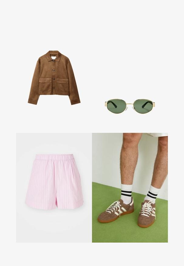 Ruskea mokkanahkajakku, jossa on kauluksellinen pääntie, etupainonappikiinnitys ja kaksi suurta taskua. Rakenteellinen viimeistely ja lyhyempi muotoilu.; Pitkähihainen paita vaaleassa kankaassa, jossa on lievää kerääntymistä sivuilla ja klassinen kaulus. Sujuva rakenne, yksinkertainen muotoilu.; Vaaleanpunaiset shortit, joissa on valkoisia pystysuoria raitoja, joustava vyötärönauha ja väljä malli, valmistettu pehmeästä ja kevyestä kankaasta.; Ruske nahkate sneakerit valkoisilla korostuksilla ja nauhoilla. Kumi-gumipohja. Yhdistetty valkoisiin sukkiin, joissa on mustia raitoja. Vihreä teksturoitu lattia.; Kultaiset metallikehyksiset aurinkolasit, joissa on vihreät sävytetyt linssit, soikea muoto, mustat sankaluvat ja kirkkaat nenätyynyt. Siisti, minimalistinen muotoilu.