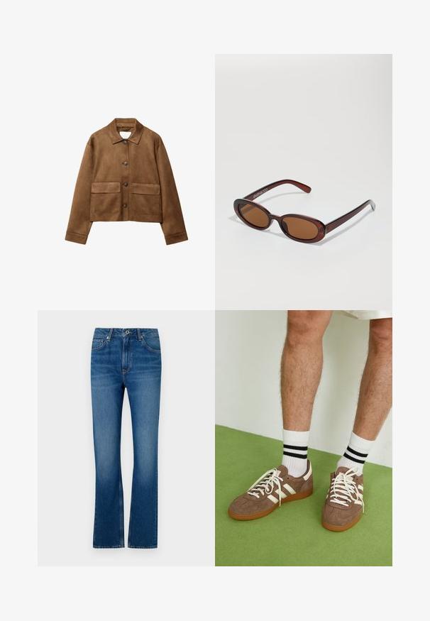Smeđa zimska jakna od suèdea s ovratnikom, prednjim zatvaranjem na gumbi i dva velika džepa. Ima teksturiranu završnu obradu i skraćeni dizajn.; Dugi rukav s majicom od boje krem, s blagim nabráním sa strane i klasičnim ovratnikom. Glatka tekstura, jednostavan dizajn.; Plave traperice s otežanim nogavicama, s pet džepova, zatvaračem i ispranim izgledom. Uključuju naglaske šivanja i standardni pojas.; Smeđe nubuk tenisice s bijelim detaljima i vezicama. Gumeni potplat. Nosene s bijelim čarapama s crnim prugama. Zeleno teksturirano pod.; Okvir okruglih, smeđkastih sunčanih naočala s sjajnim burgundskim okvirom. Uski nositelji s suptilnim brendiranjem. Ravna leća.