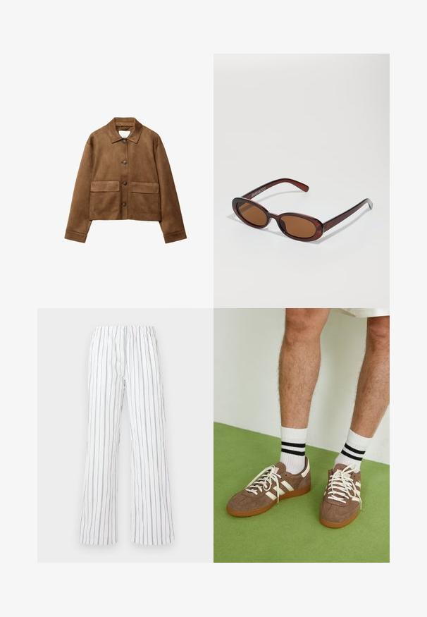 Brown suede jacket with a collared neckline, front button closure, and two large pockets. Textured finish and cropped design.; Long-sleeve top in cream-colored fabric, featuring a slight gathering at the sides and a classic collar. Smooth texture, simple design.; White trousers with blue vertical stripes, made of lightweight fabric. Features an elastic waistband and wide, flared legs.; Brown suede sneakers with white accents and laces. Rubber gum sole. Worn with white socks featuring black stripes. Green textured flooring.; Round, brown-tinted sunglasses with a glossy burgundy frame. Slim arms with subtle branding detail. Flat lens design.