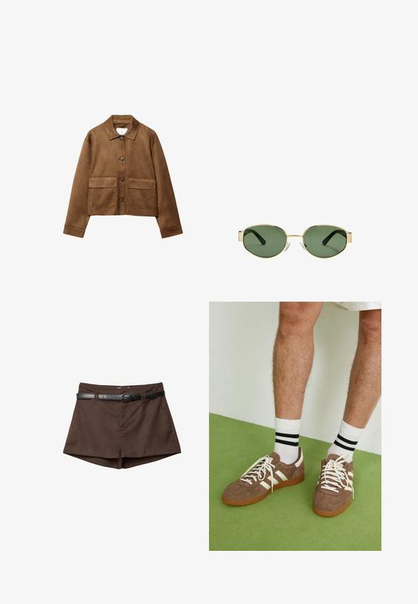 Brown suede jacket with a collared neckline, front button closure, and two large pockets. Textured finish and cropped design.; Long-sleeve top in cream-colored fabric, featuring a slight gathering at the sides and a classic collar. Smooth texture, simple design.; Brown tailored shorts with a slim black belt threaded through belt loops, displayed on a white background.; Brown suede sneakers with white accents and laces. Rubber gum sole. Worn with white socks featuring black stripes. Green textured flooring.; Gold metal-framed sunglasses with green tinted lenses, oval shape, black temples, and clear nose pads. Clean, minimalist design.