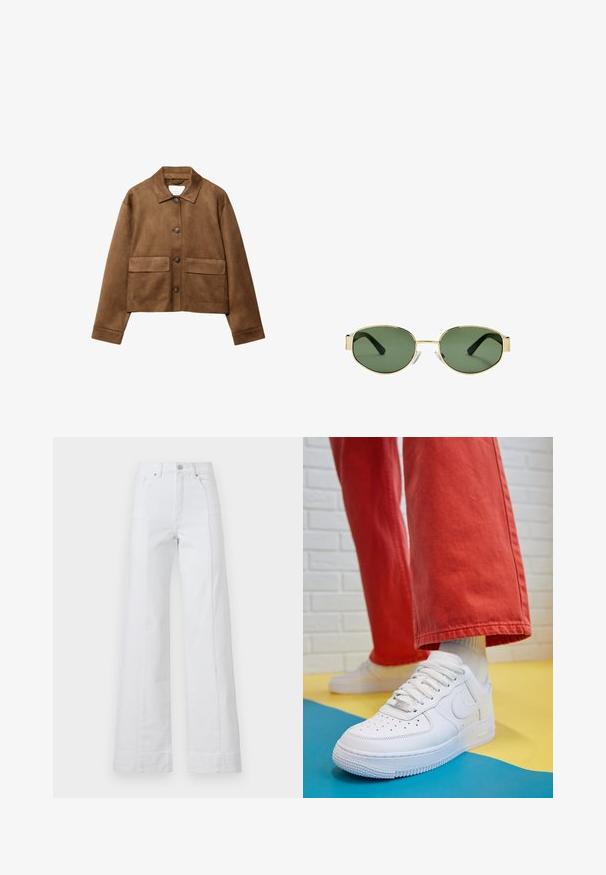 Ruskea mokkanahkajakku, jossa on kauluksellinen pääntie, etupainonappikiinnitys ja kaksi suurta taskua. Rakenteellinen viimeistely ja lyhyempi muotoilu.; Valkoinen lyhythihainen T-paita, joka on tehty puuvillasta. Siinä on pyöreä kaula-aukko ja rento malli. Silkkinen pinta ilman näkyviä kuvioita tai koristeita.; Valkoiset farkut leveällä lahkeella ja korkealla vyötäröllä, joissa on etutaskut, yksittäinen napitus ja näkyvät saumat.; Valkoinen nahkakengät, joissa on rei'itetty varvasosa, teksturoitu pohja ja valkoiset nauhat, yhdistettynä leveisiin punaisiin housuihin ja sinikeltaiseen taustaan.; Kultaiset metallikehyksiset aurinkolasit, joissa on vihreät sävytetyt linssit, soikea muoto, mustat sankaluvat ja kirkkaat nenätyynyt. Siisti, minimalistinen muotoilu.